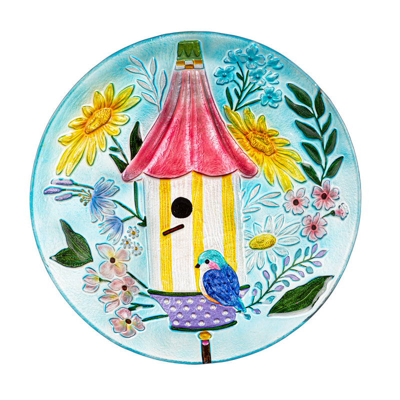 18" Floral Birdhouse Glass Bird Bath,2gb7187