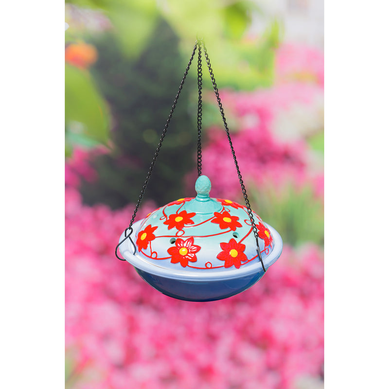 Ceramic Hummingbird Protein Feeder, Blue with Red Flowers,2hf284