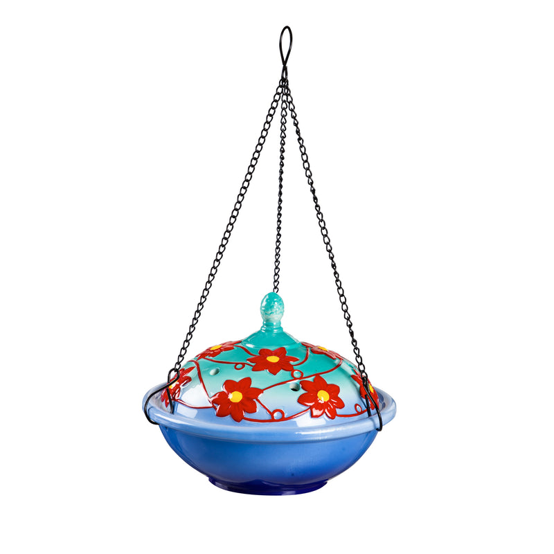 Ceramic Hummingbird Protein Feeder, Blue with Red Flowers,2hf284