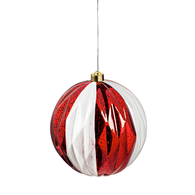 8" Shatterproof Outdoor Safe Battery Operated LED Ornament, Red and White Faceted Orb,2la1784