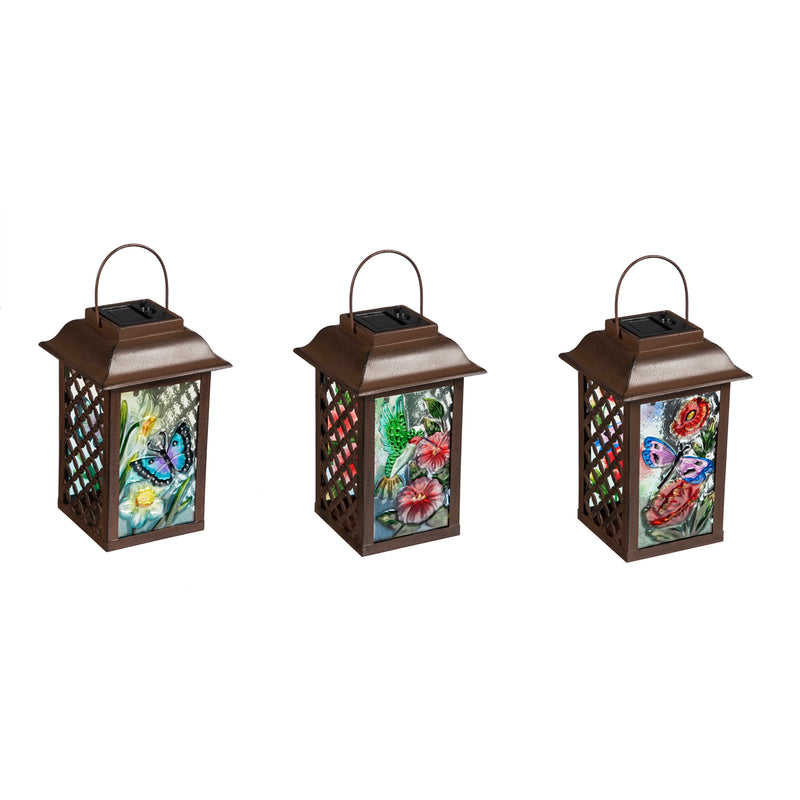 3 Asst., 9.4"H Solar Glass and Metal Lantern, Summer Florals,2sp5560