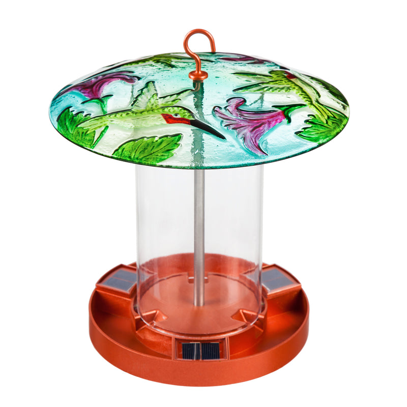 Solar Bird Feeder with Handpainted Embossed Glass, Busy Hummingbird,2sp6618