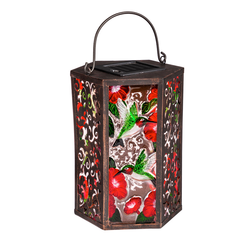 Handpainted Embossed Glass and Metal Solar Lantern, Hummingbird and Florals,2sp6625