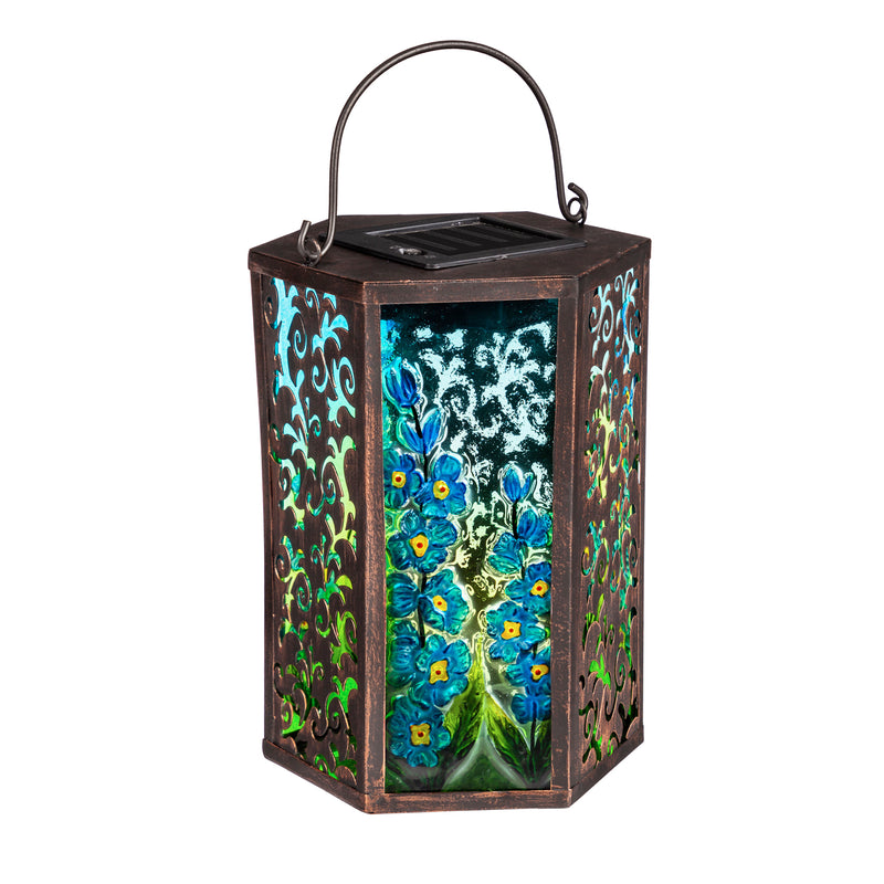 Handpainted Embossed Glass and Metal Solar Lantern, Blue Delphinium Florals,2sp6629