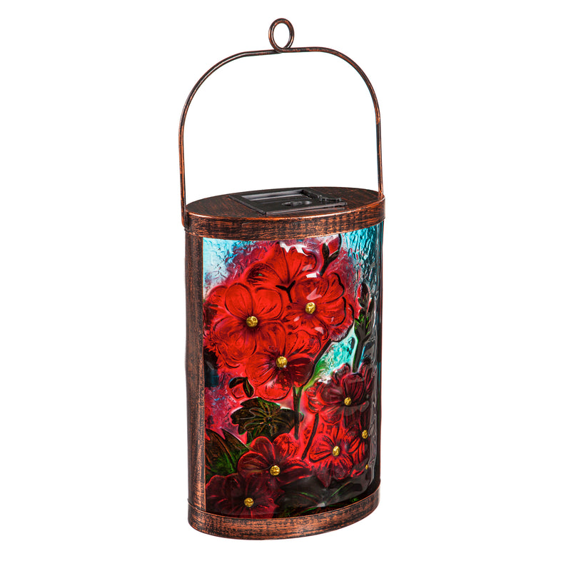 Handpainted Embossed Glass and Metal Solar Lantern, Geranium,2sp6936