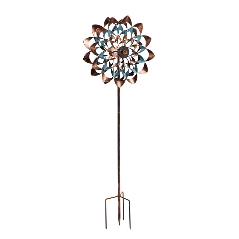 75"H Solar Wind Spinner, Copper and Verdigris Zinnia,2sp7037