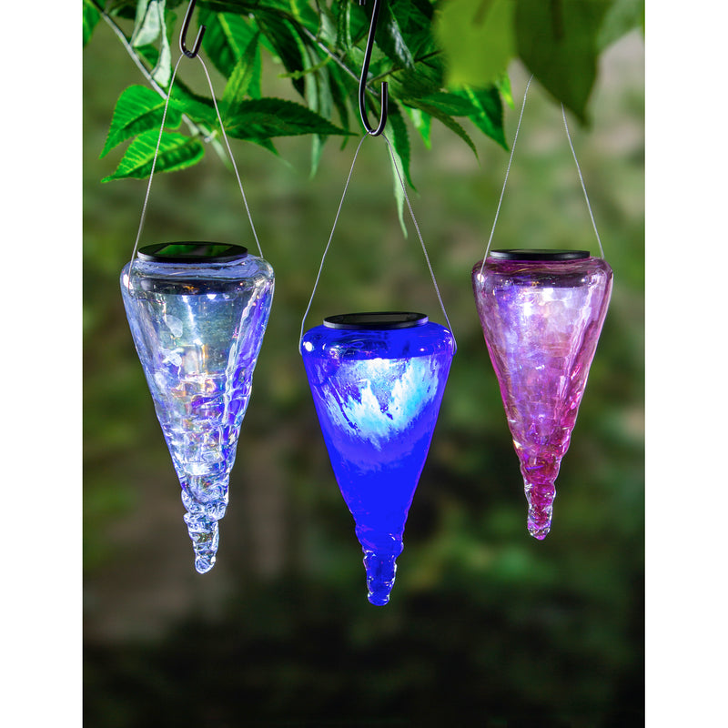 7" Solar Iridescent Hanging Art Glass Conical Lantern, 3 ASST.,3.54"x3.54"x6.7"inches