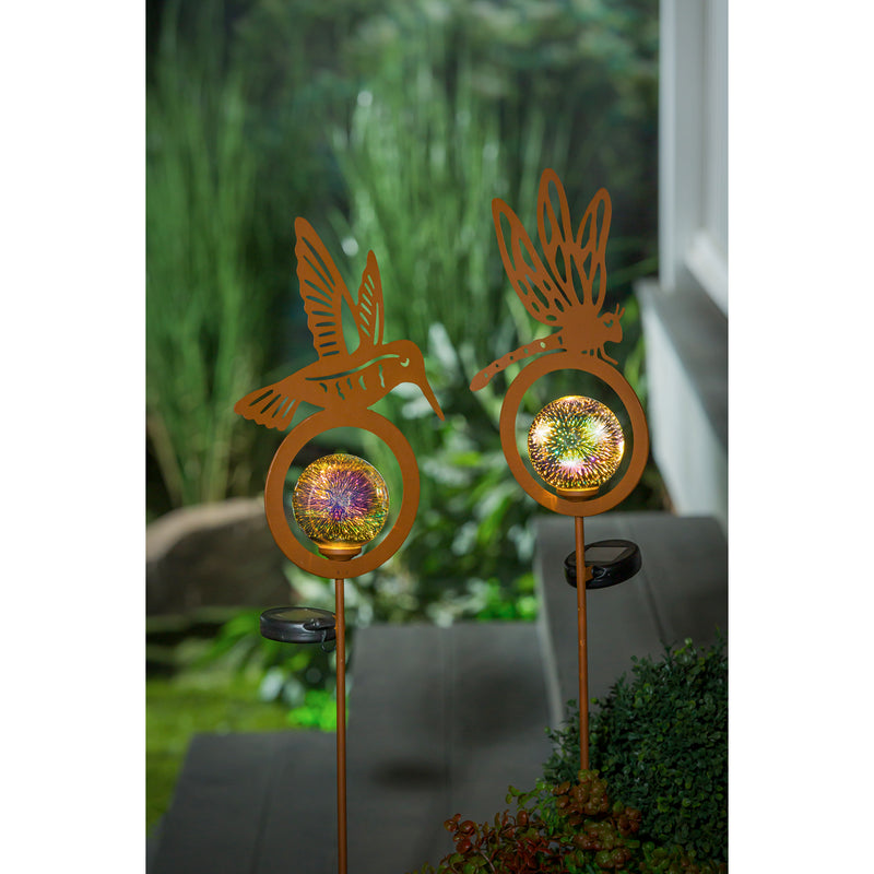 32"H Solar Garden Stake with Gazing Ball, Hummingbird and Dragonfly, 2 Asst,2sp7298