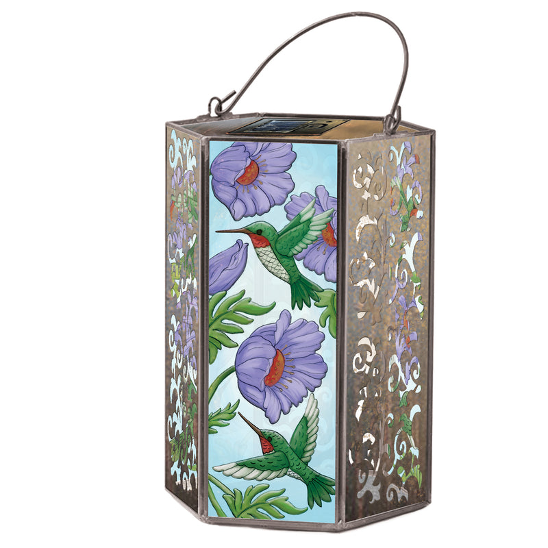 Handpainted Embossed Glass and Metal Solar Lantern, Hummingbird and Purple Florals,2sp7353