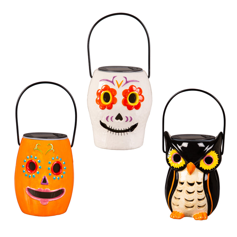 5"H Ceramic Solar Lantern, Sugar Skull,2sp8690