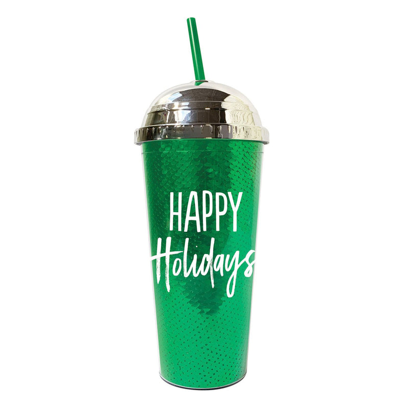 Acrylic Sequin Tumbler with Straw, 22 OZ, 2 Asst: Happy Holiday/Merry Christmas,3atc018