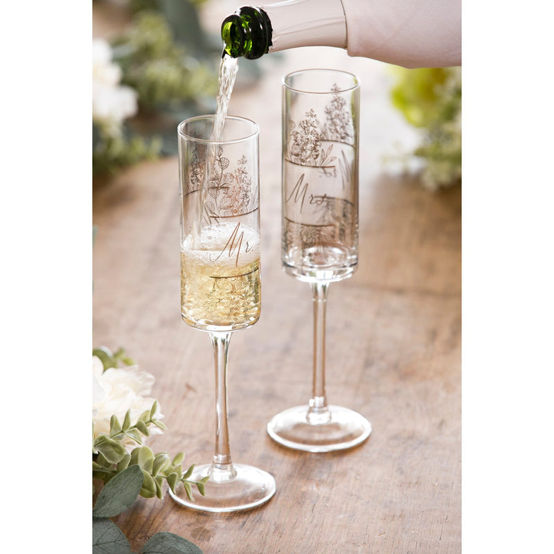 Mr. & Mrs. Champagne Flutes, 8 OZ., Silver Metallic, Set of 2,3ccf012