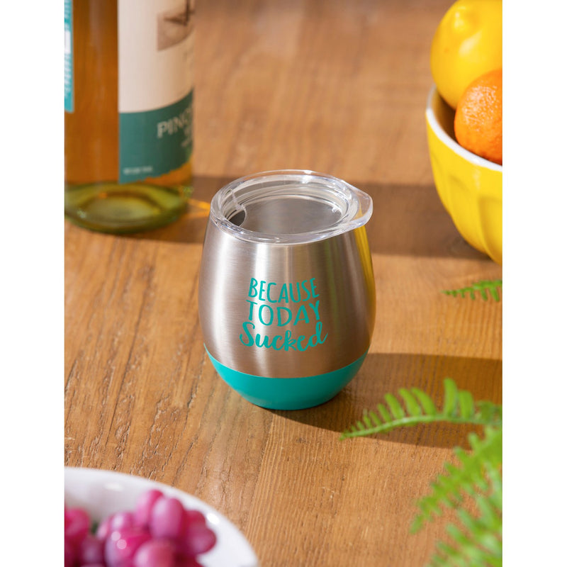 8 OZ Double Wall Stainless Steel Stemless Wine Tumbler with lid, Because Today Sucked,3cssd002