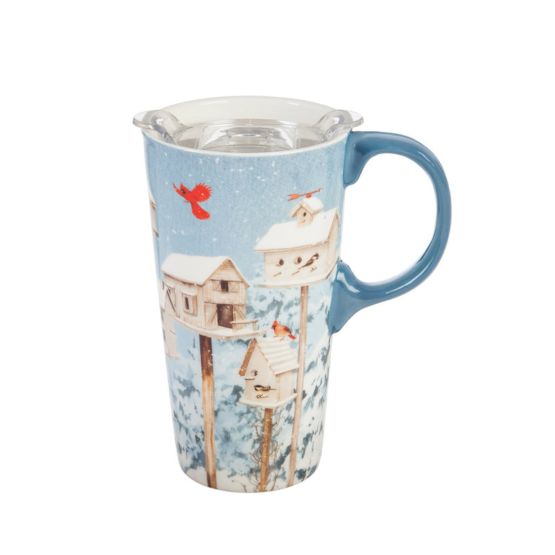 Ceramic Travel Cup, 17 OZ. ,w/box and Tritan Lid, White Holiday Birdhouses,3ctc007206