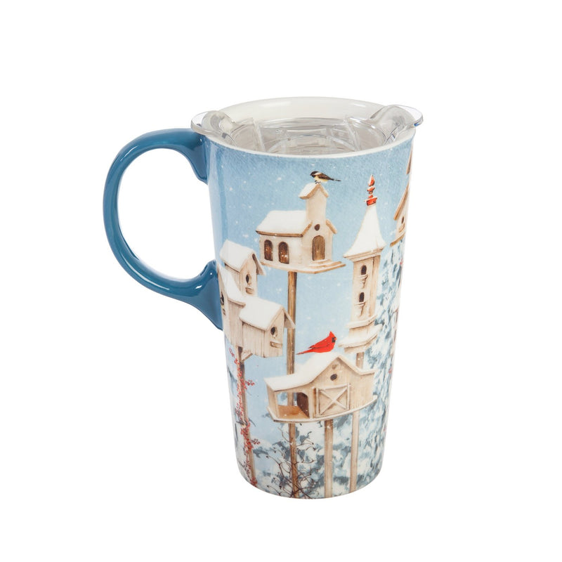 Ceramic Travel Cup, 17 OZ. ,w/box and Tritan Lid, White Holiday Birdhouses,3ctc007206