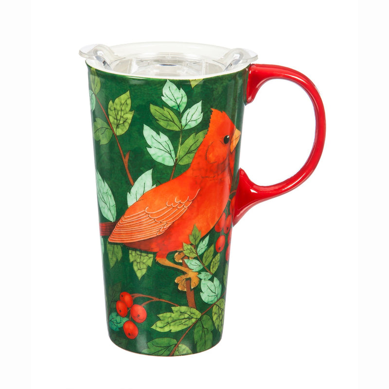 Ceramic Travel Cup, 17 OZ. ,w/box and Tritan Lid, Cardinal with Berries,3ctc007323