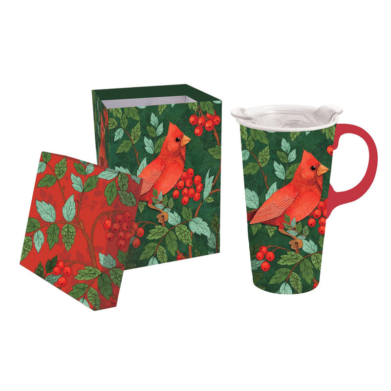 Ceramic Travel Cup, 17 OZ. ,w/box and Tritan Lid, Cardinal with Berries,3ctc007323