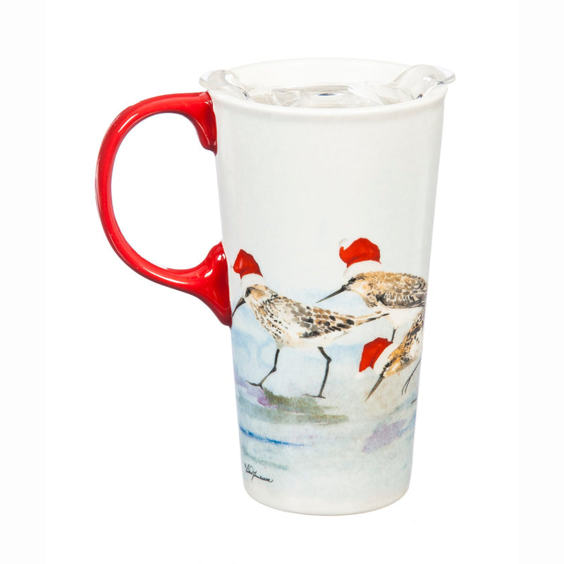 Ceramic Travel Cup, 17 OZ. ,w/box and Tritan Lid, Holiday Sandpipers,3ctc007334