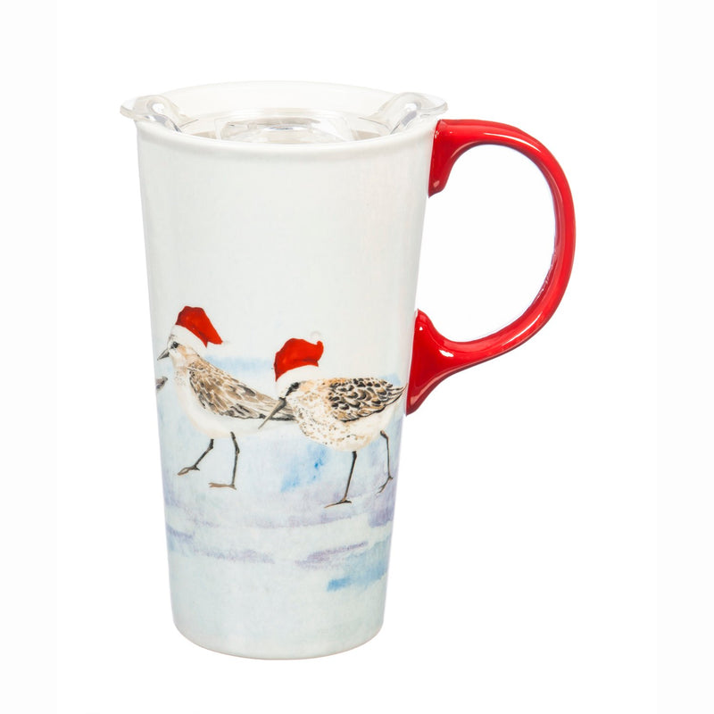 Ceramic Travel Cup, 17 OZ. ,w/box and Tritan Lid, Holiday Sandpipers,3ctc007334