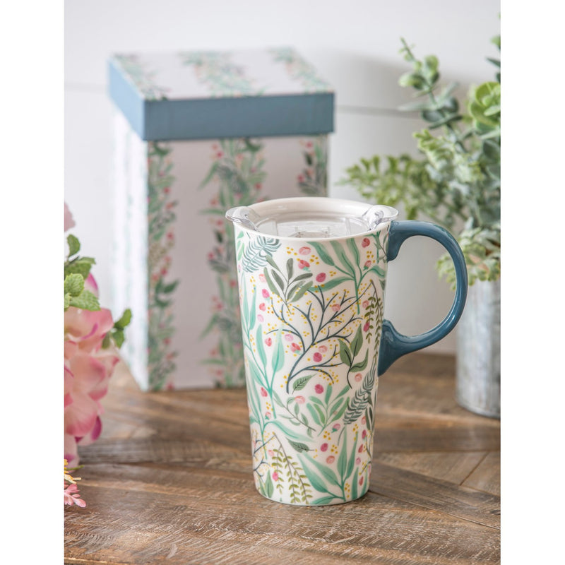 Ceramic Travel Cup, 17 OZ. ,w/box and Tritan Lid, Floral Cadence,3ctc007479