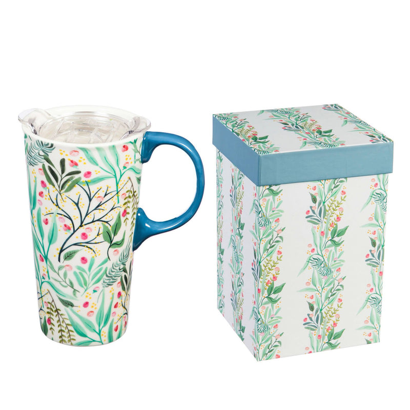 Ceramic Travel Cup, 17 OZ. ,w/box and Tritan Lid, Floral Cadence,3ctc007479