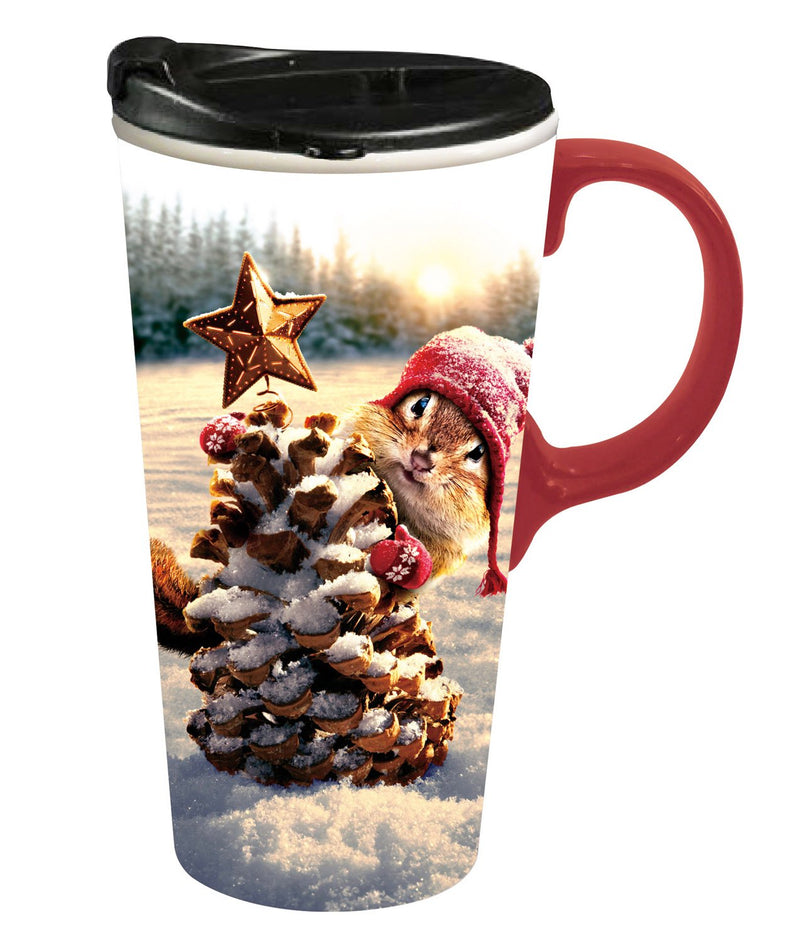 Ceramic Travel Cup, 17 OZ. w/box, Holiday Squirrel,3ctc016608