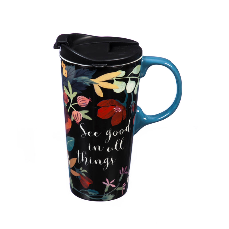 Ceramic Travel Cup, 17 OZ. ,w/box, Oh Happy Day Bloom, 2 Asst,3ctc017491