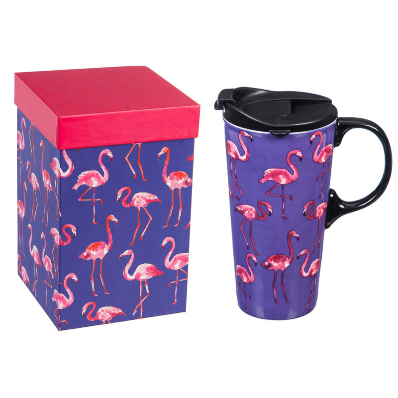 Ceramic Travel Cup, 17 OZ. ,w/box, Flamingos,3ctc017497