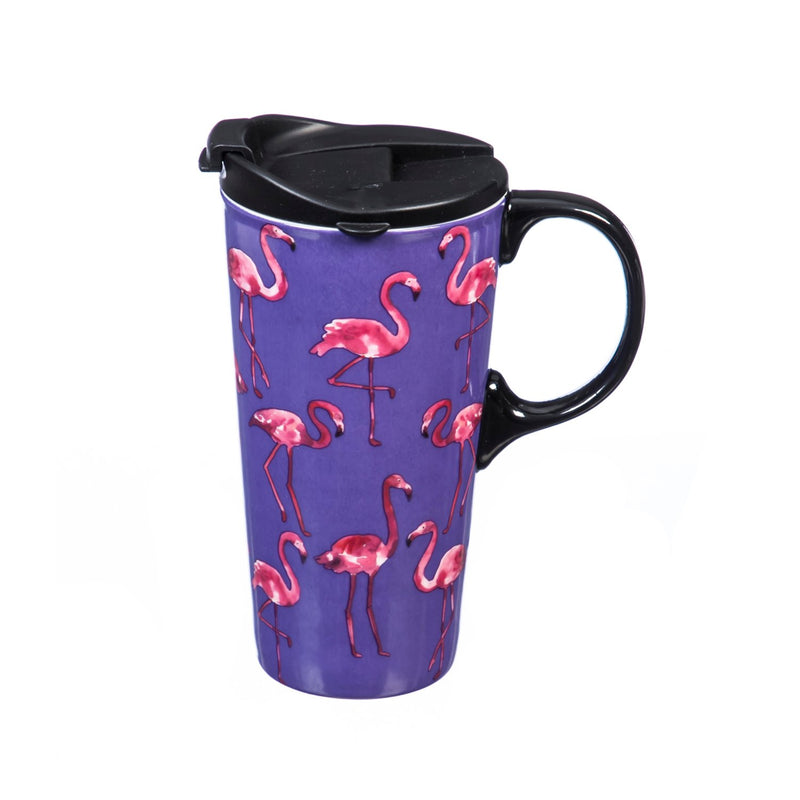 Ceramic Travel Cup, 17 OZ. ,w/box, Flamingos,3ctc017497