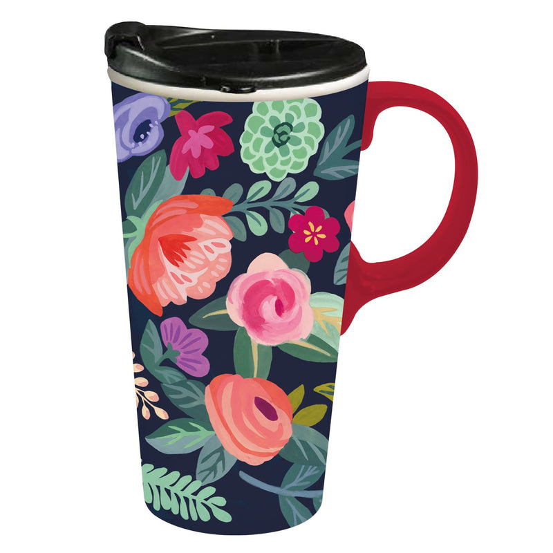 Ceramic Travel Cup, 17 OZ. ,w/box, Midnight Floral Garden,3ctc017842