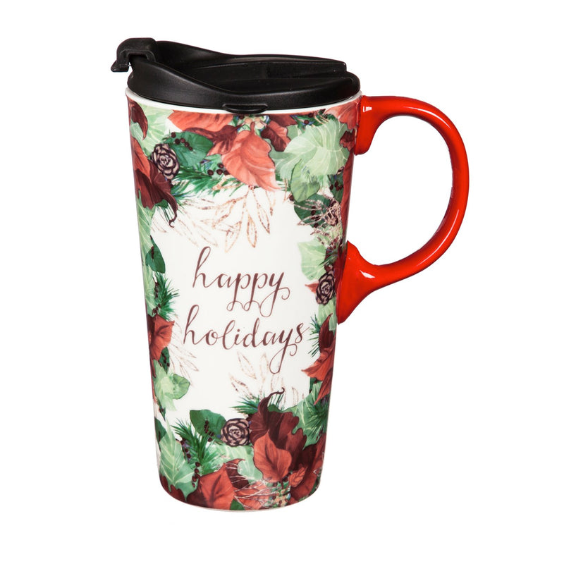 Ceramic Travel Cup, 17 OZ. ,w/box, Happy Holidays,3ctc017892