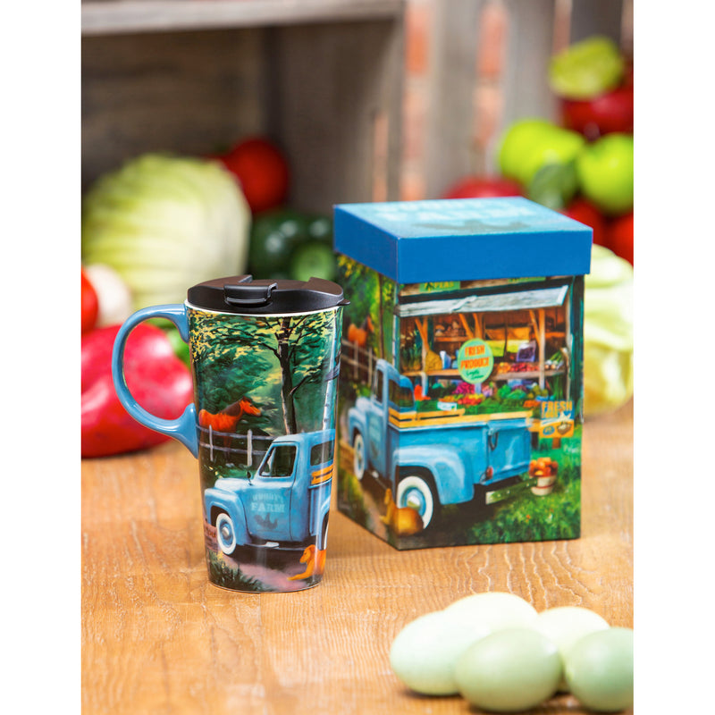 Ceramic Travel Cup, 17 OZ. ,w/box, Blue Farm Truck,3ctc017948