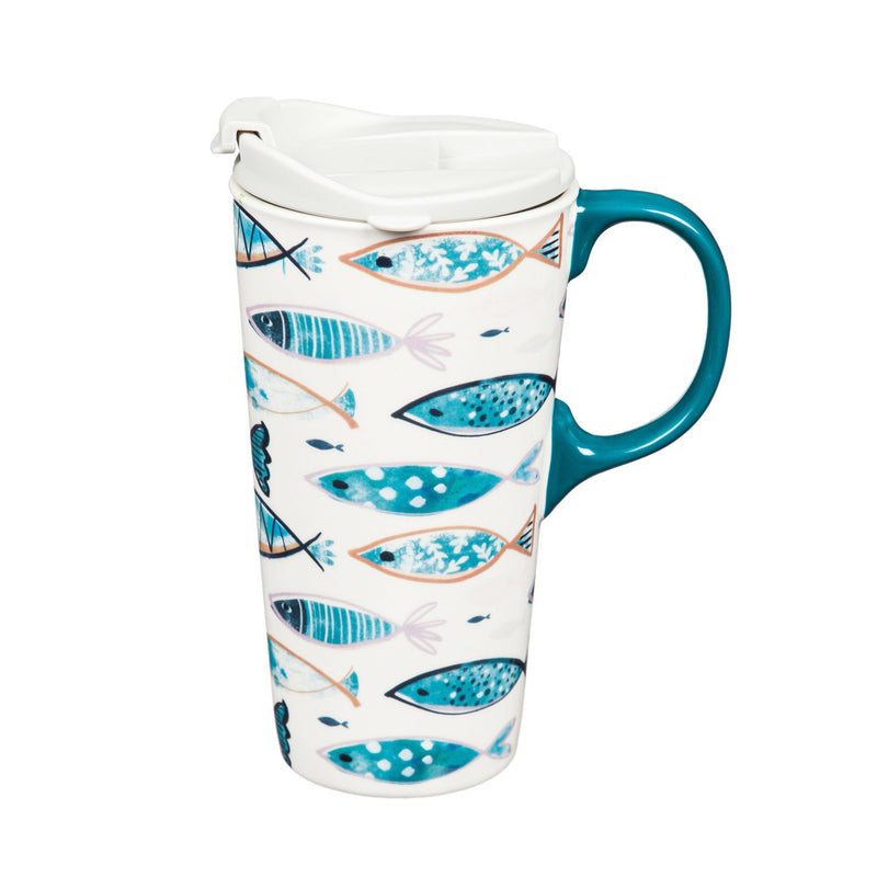 Ceramic Travel Cup, 17 OZ. ,w/box, Fish,3ctc04017