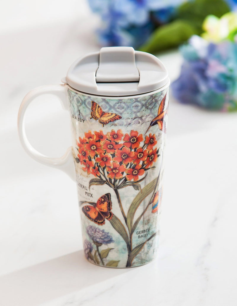 Ceramic Travel Cup w/box, 17 OZ., Botanical Floral with butterflies,3ctc047044