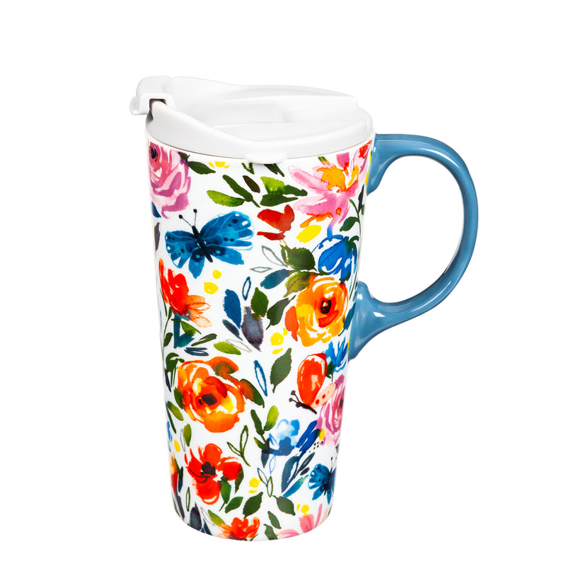 Ceramic Travel Cup, 17 oz., w/box, Painted Florals,3ctc047878g