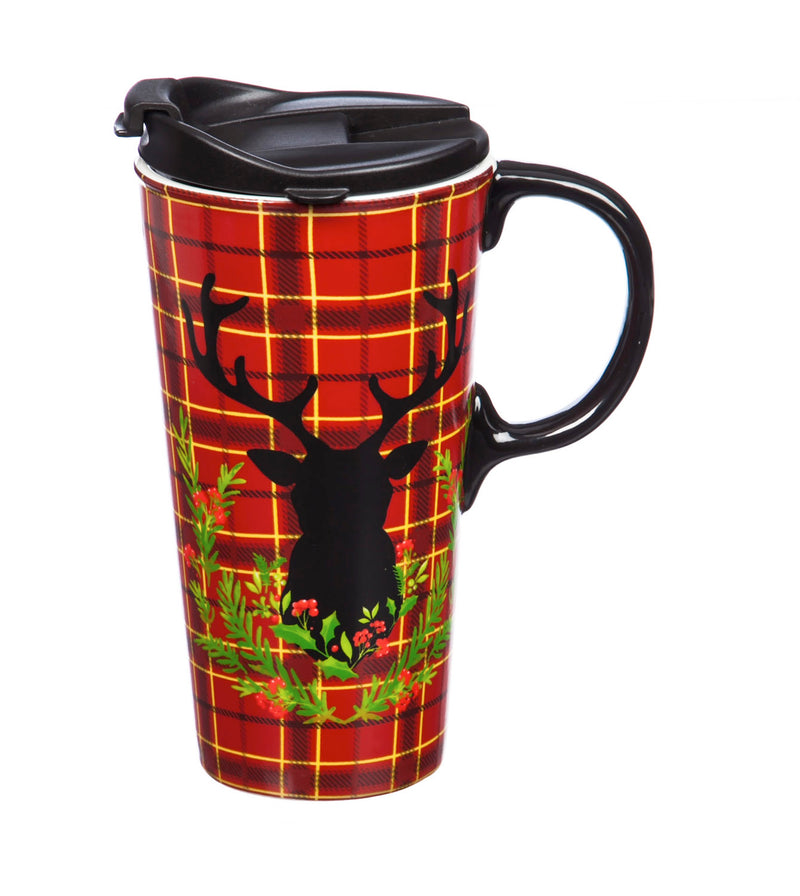 Ceramic Travel Cup, 17 oz. w/Box, Plaid Stag,3ctc6151