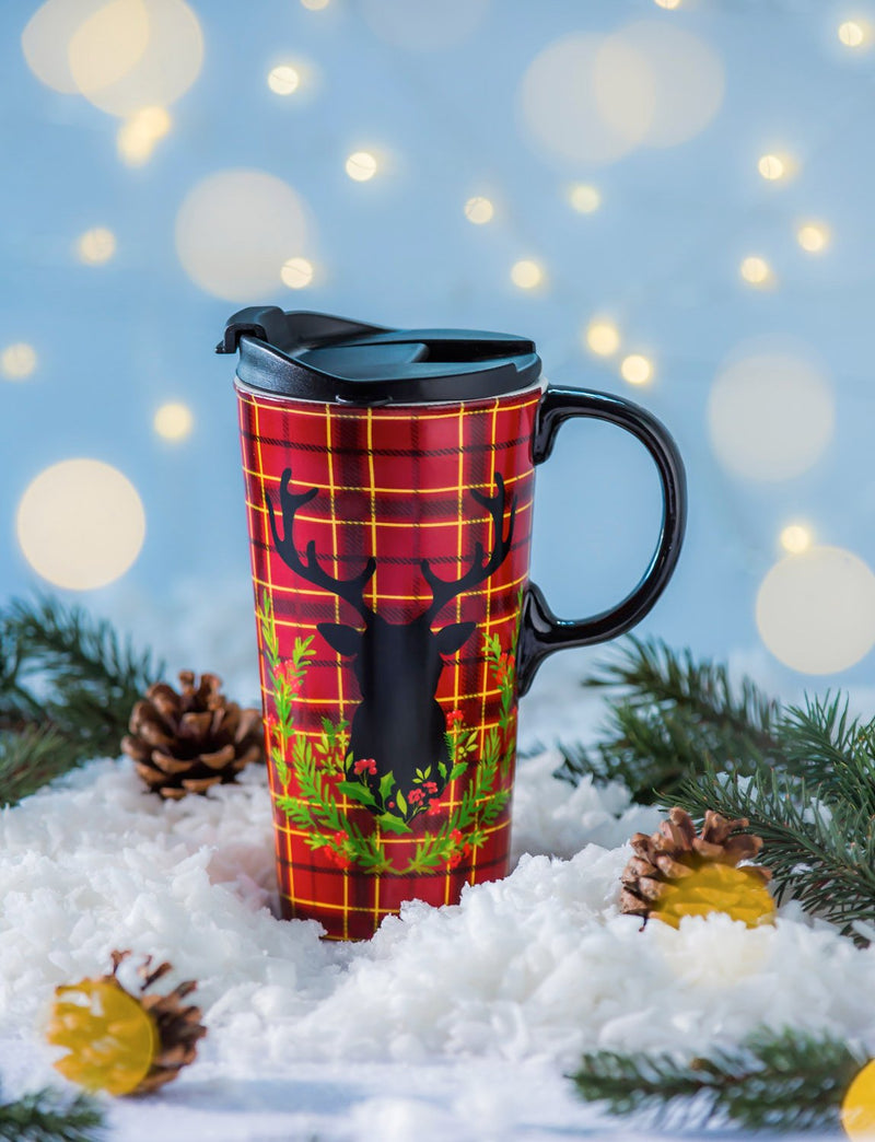 Ceramic Travel Cup, 17 oz. w/Box, Plaid Stag,3ctc6151