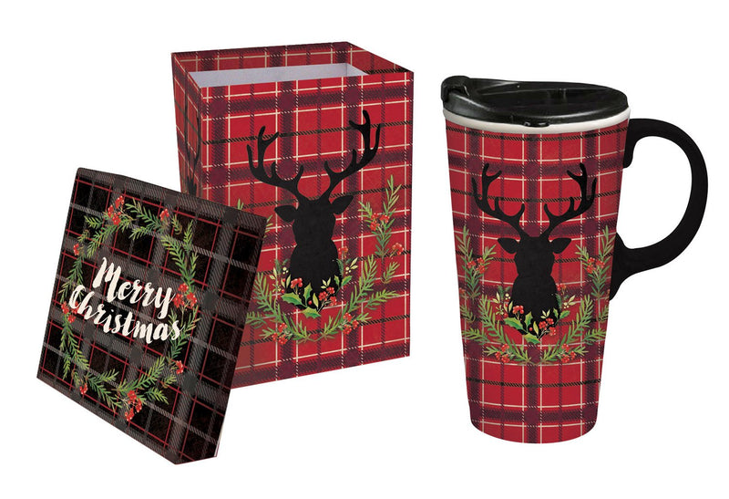 Ceramic Travel Cup, 17 oz. w/Box, Plaid Stag,3ctc6151