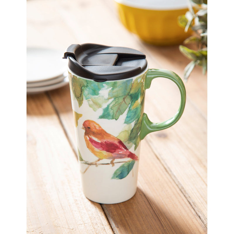 Ceramic Travel Cup, 17 OZ. w/Box, Bird on a Branch,3ctc6331l