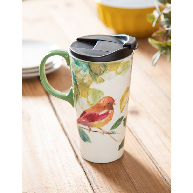 Ceramic Travel Cup, 17 OZ. w/Box, Bird on a Branch,3ctc6331l