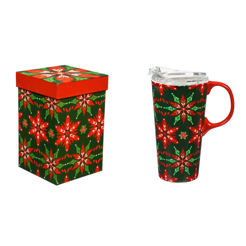 Ceramic Travel Cup, 17 OZ. ,w/box and Tritan Lid, Poinsettia Pattern,3ctc94t7740b