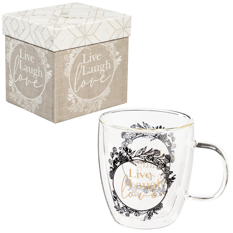 Double Wall Glass Café Cup w/ Box,  12 OZ., Live Laugh Love,3gcc259