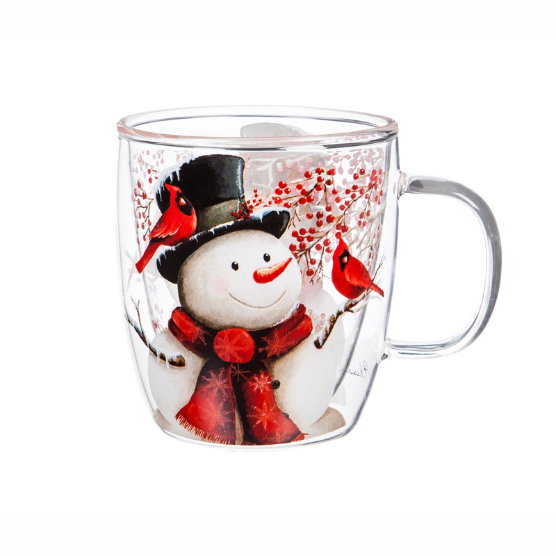 Double Wall Glass Café Cup w/ Box, 12 OZ., Snowman and Cardinal,3gcc6605