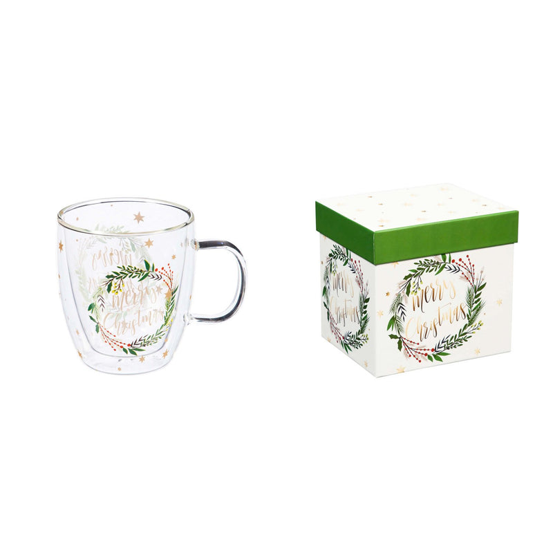 Double Wall Glass Café Cup w/ Box, 12 OZ., Merry Christmas,3gcc7758