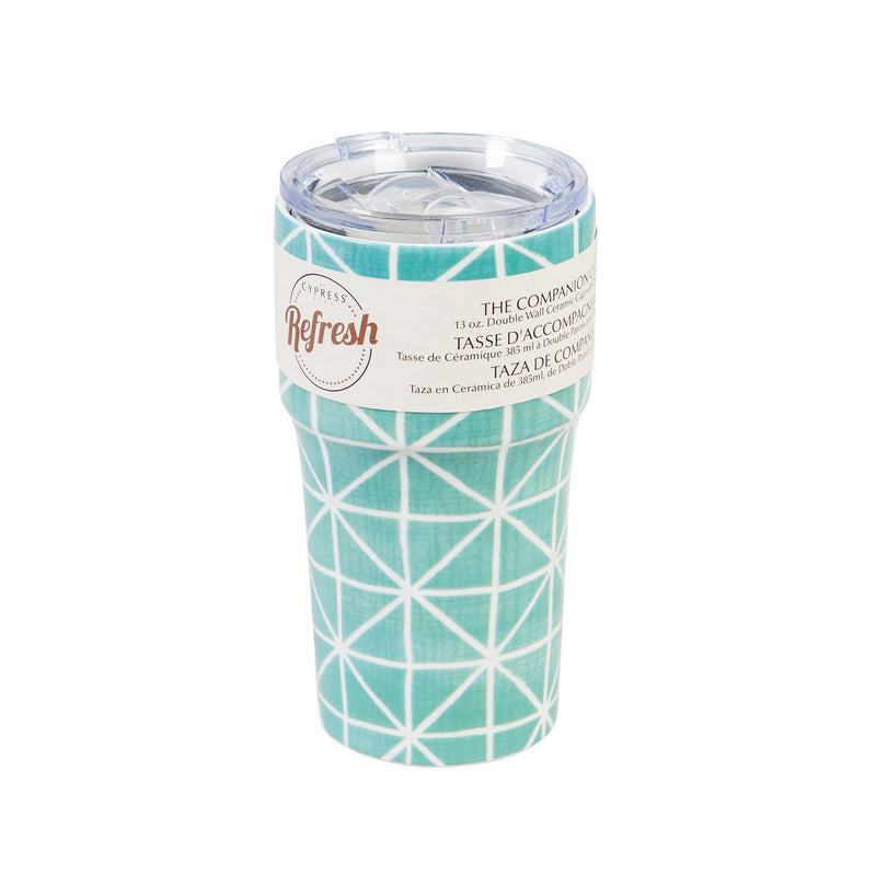 Double Wall Ceramic Companion Cup with Tritan Lid, 13 OZ, Geometric Teal Pattern,3ltc997162b