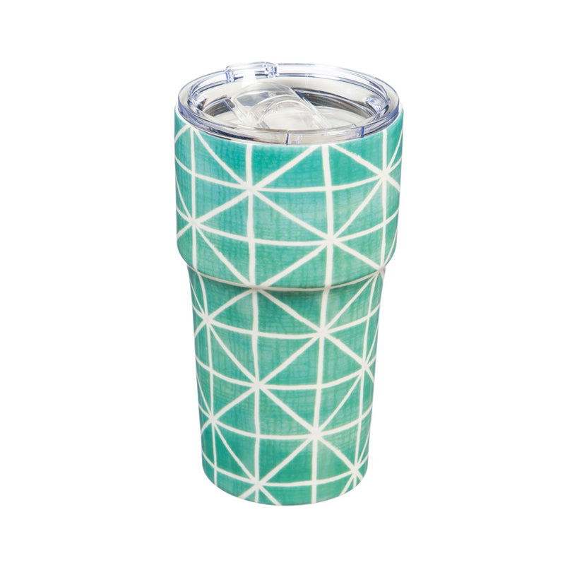 Double Wall Ceramic Companion Cup with Tritan Lid, 13 OZ, Geometric Teal Pattern,3ltc997162b