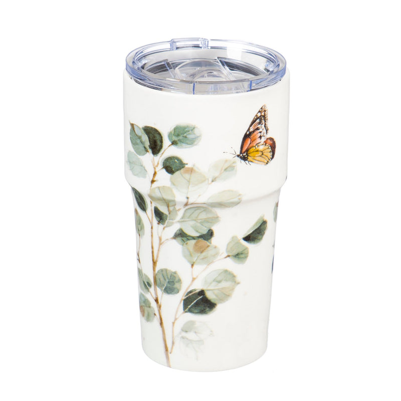 Double Wall Ceramic Companion Cup with Tritan Lid, 13 OZ, Botanical Dreamer,3ltc997371