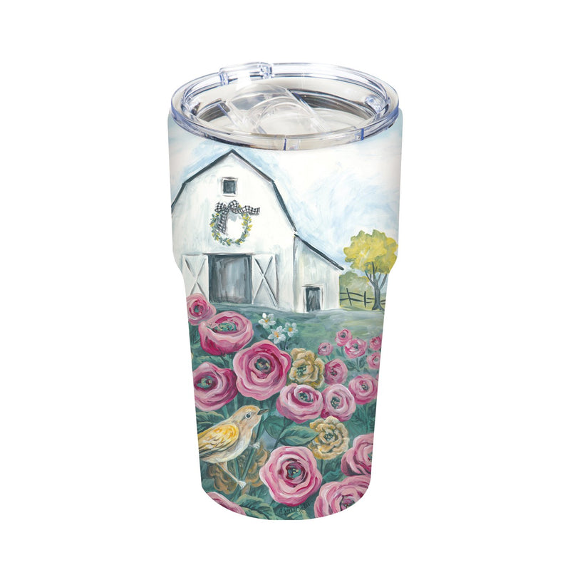 Double Wall Ceramic Companion Cup with Tritan Lid, 13 oz., Pink Flower Field,3ltc999705