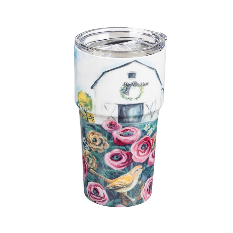 Double Wall Ceramic Companion Cup with Tritan Lid, 13 oz., Pink Flower Field,3ltc999705