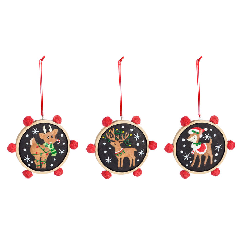 Reindeer Pom Pom Ornament, 3 Assorted,3otr110